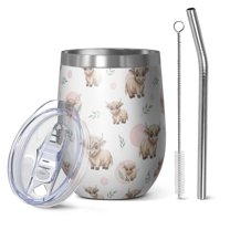12oz Stemless Wine Tumblers White Highland Cow Pattern Vacuum Insulated Stainless Steel Travel Tumbler Cups Mug with Lid and Straw for Champaign,Cocktail,Beer with Cleaning Brush