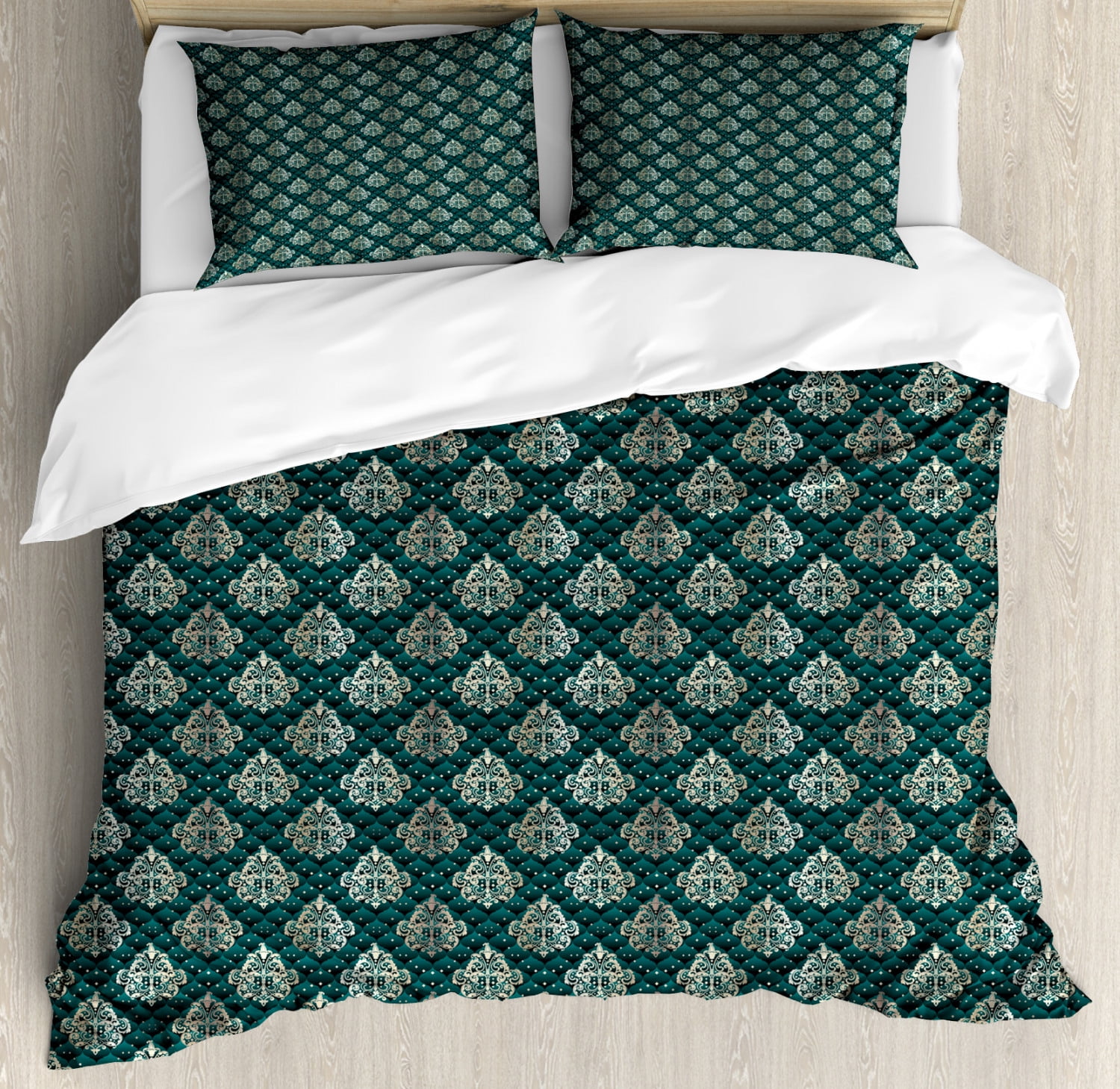 Damask Duvet Cover Set Queen Size, French Pattern Inspired by Rococo