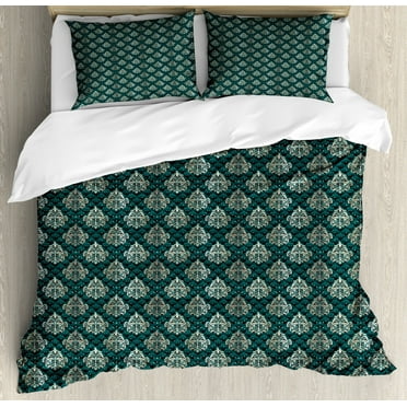 Damask Duvet Cover Set King Size, French Pattern Inspired by Rococo Era Designs Intricate Renaissance Motifs, Decorative 3 Piece Bedding Set with 2 Pillow Shams, Dark Teal Eggshell, by Ambesonne