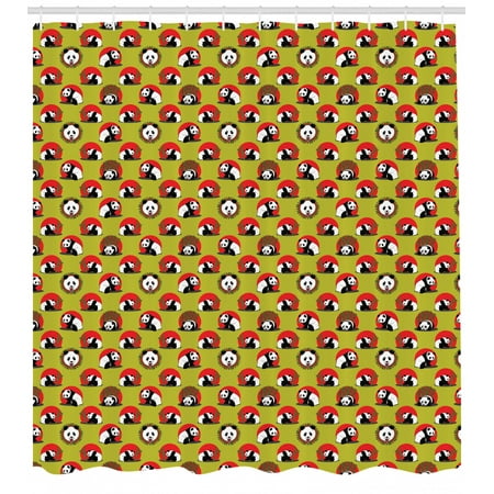 Panda Shower Curtain, Japanese Animal with Bamboo Sticks Pattern, Fabric Bathroom Set with Hooks, Olive Green Charcoal Grey Dark Coral and Yellow Green, by Ambesonne