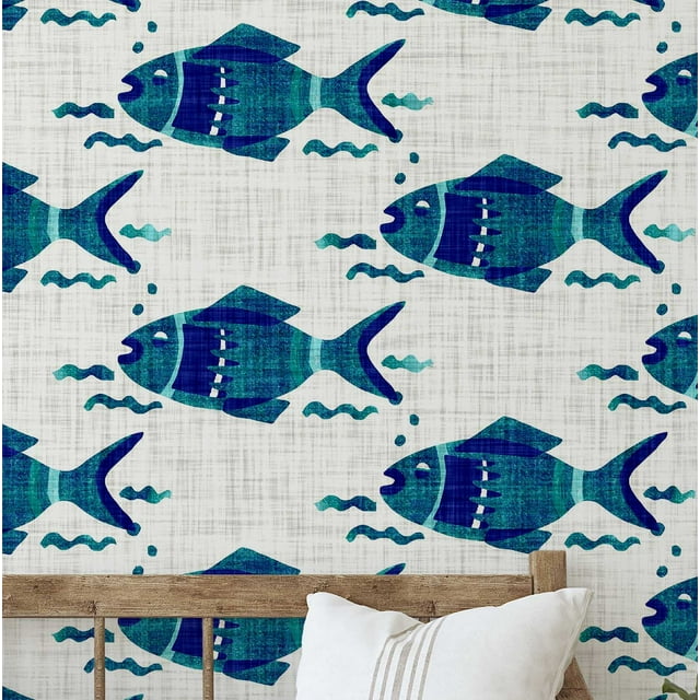 S4Sassy Self-Stick Decorative Boho Wallpaper, Fish Motif Wall Paper, Textured Vinyl Waterproof Contact Paper, Teal, 25"X120" Removable Renter Friendly Wall Covering For Bedroom, Dining Room