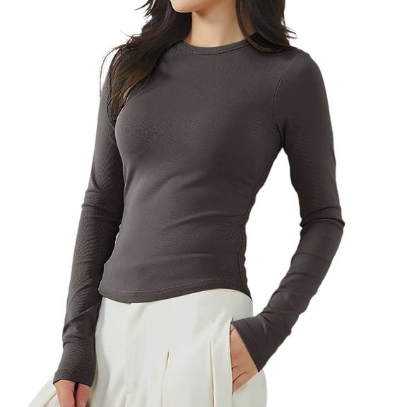 Hifoo Women Undershirts Base Layer Stretch Thermal Underwear Long Sleeve Round Neck Shirt Built In Bra Comfortable Warm Base Layer Shirts For Cold Weather Stylish Tops