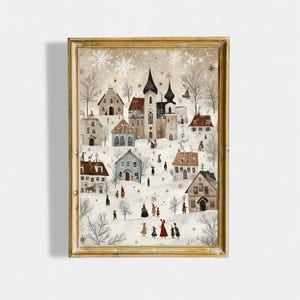 Kiloa Whimsical Winter Village Art Scandinavian Aesthetic Wall Art Winter Home Decor Idea Cute Neutral Tone Festive Print, Poster Print, 8x12 UNFRAMED
