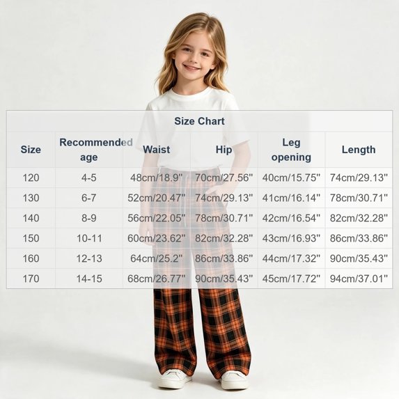 Girls Plaid Pants with Pockets Casual Baggy Elastic Waist Drawstring Fall Fashion Kids Wide Leg Pants Orange 5T