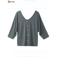 thumbnail image 5 of Spencer Women's 3/4 Sleeve Loose Blouse V Neck Back Buttons T Shirts Casual Solid Tops for Summer Fall Plus Size "Gray,2XL", 5 of 8