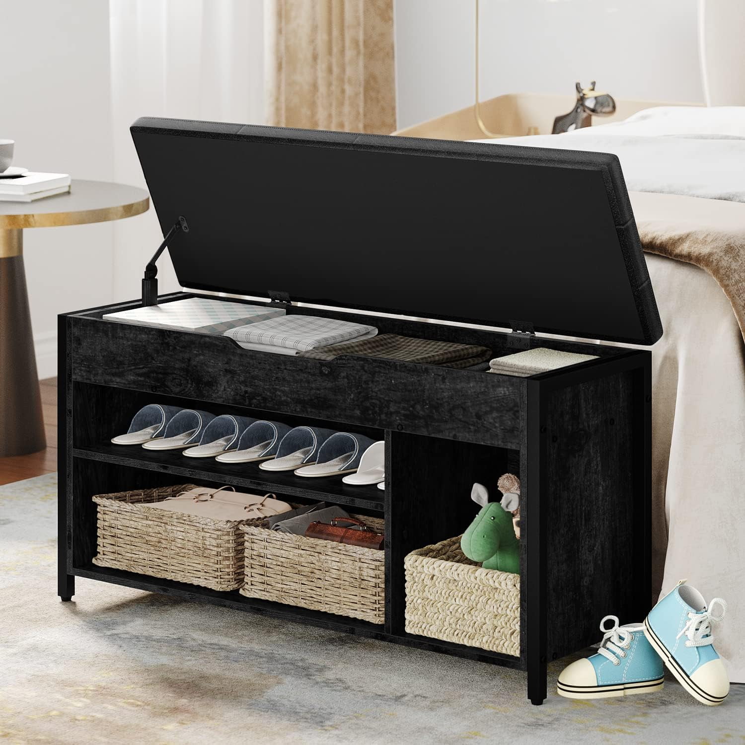 Shoe Bench, Lift Top Shoe Storage Bench, Adjustable Shelf Entryway Bench, Metal and Wood Shoe Rack Organizer with Cushion for Entry, Bedroom, Closet, Living Room, Hallway (Black, 35.5" W)