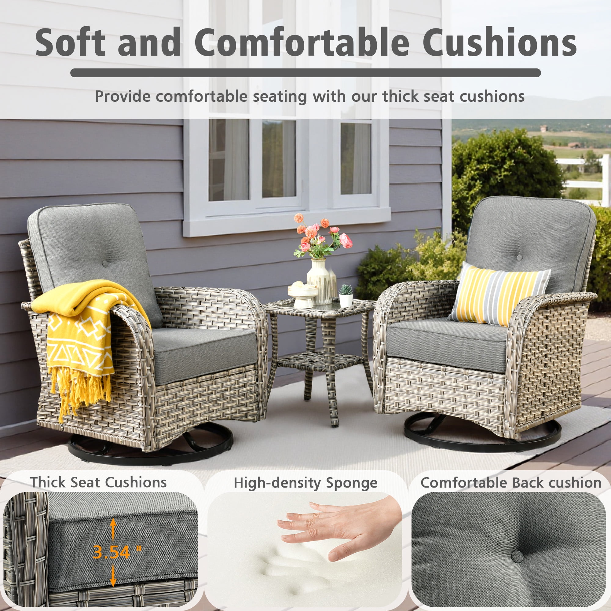 Ovios 3 Pieces Patio Furniture Set 2 Swivel Rocking Chairs Wicker Glider Chairs with Side Table for Backyard or Balcony