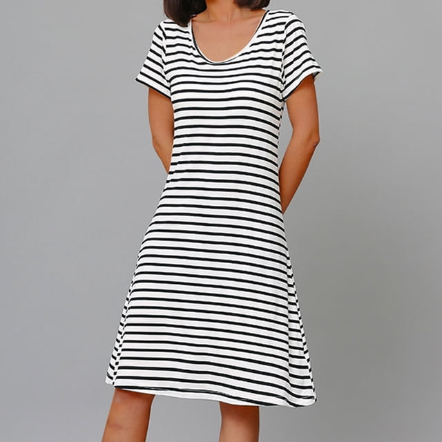 Sakmal Robe de Maison pour Femmes en Coton Grande Taille Robe de Pyjama à Manches Courtes Rayée Noire Chemises de Nuit