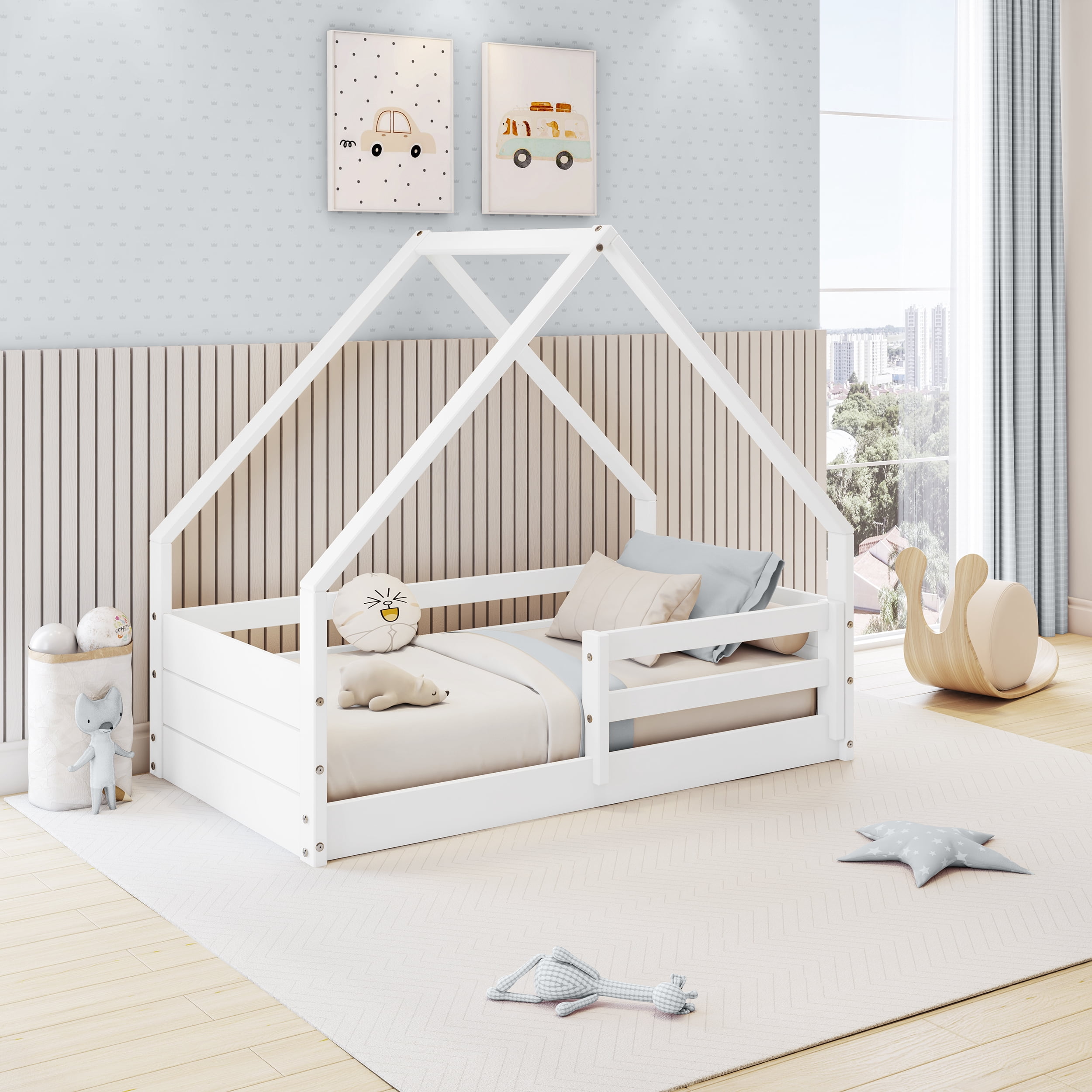 Polifurniture Brie Toddler Bed with Roof and Built-In Guardrails