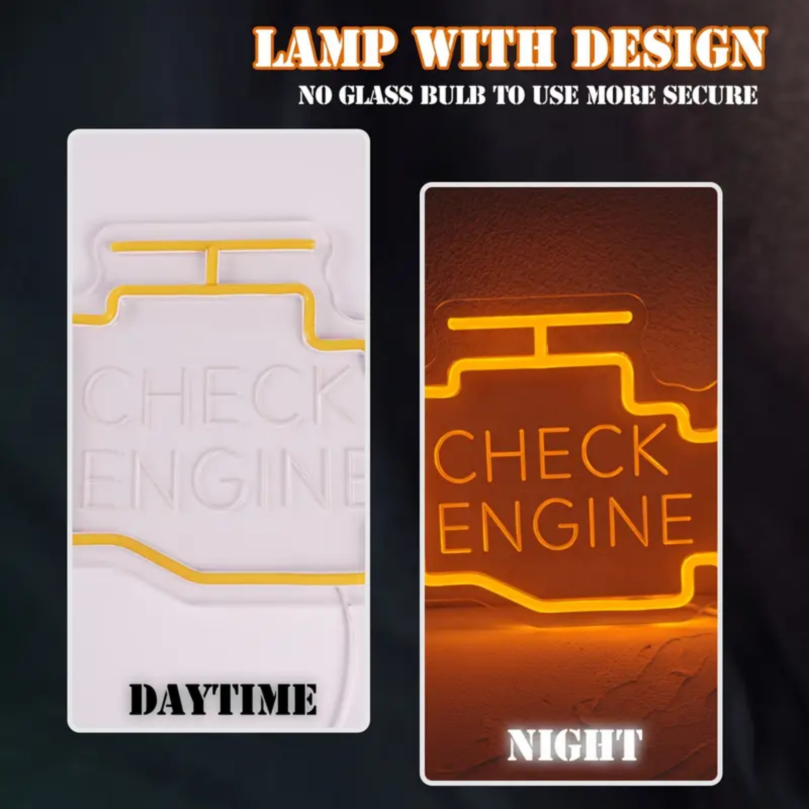UPONRAY Check Engine Neon Signs, 11.8'*8.6' Dimmable & USB-Powered LED Neon Light, Stylish Wall Decor for Man Cave, Garage, Workshop(Engraved Letters)