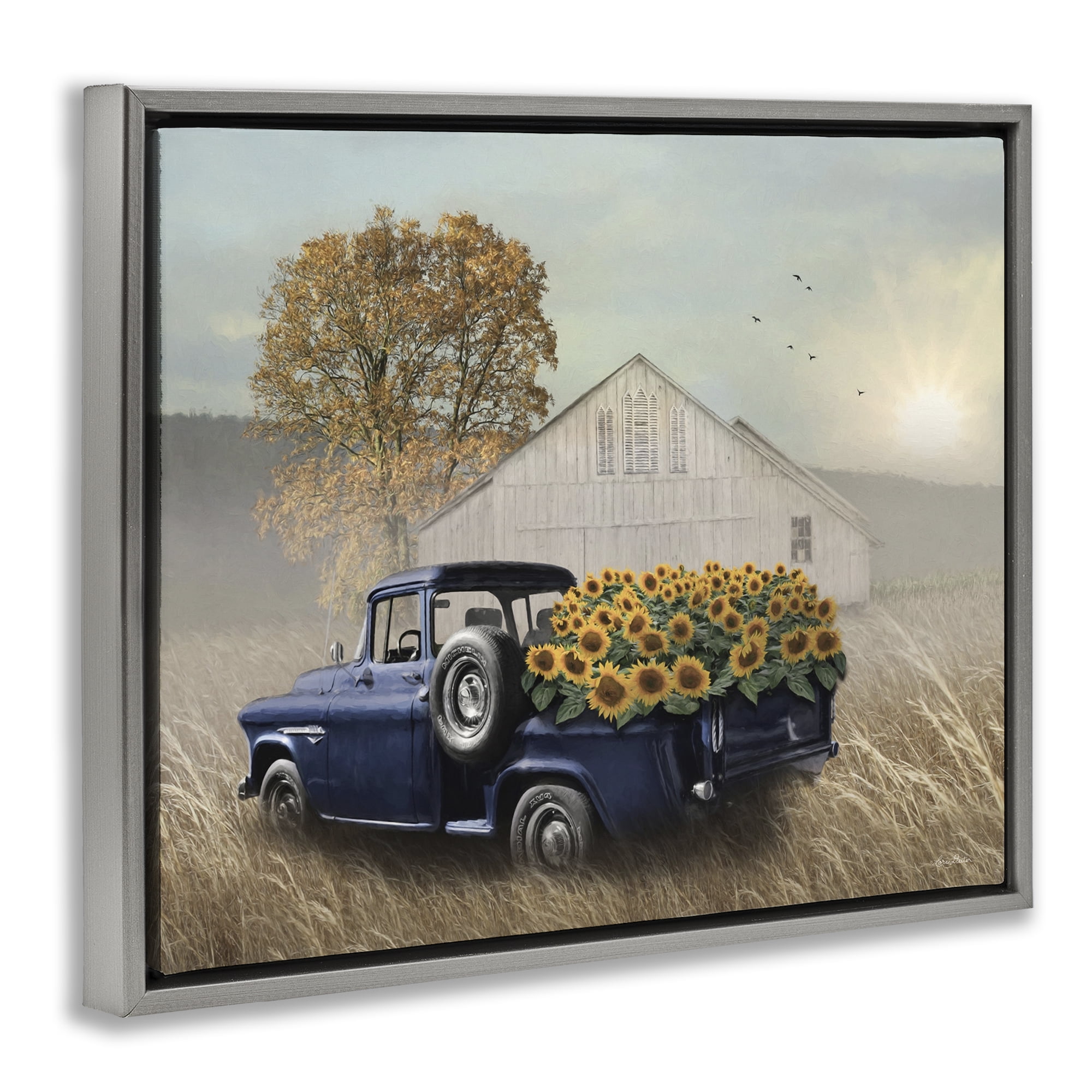 Stupell Industries Sunflower Filled Truck Transportation Painting Gray Floater Framed Canvas Art Print Wall Art, 31 x 25
