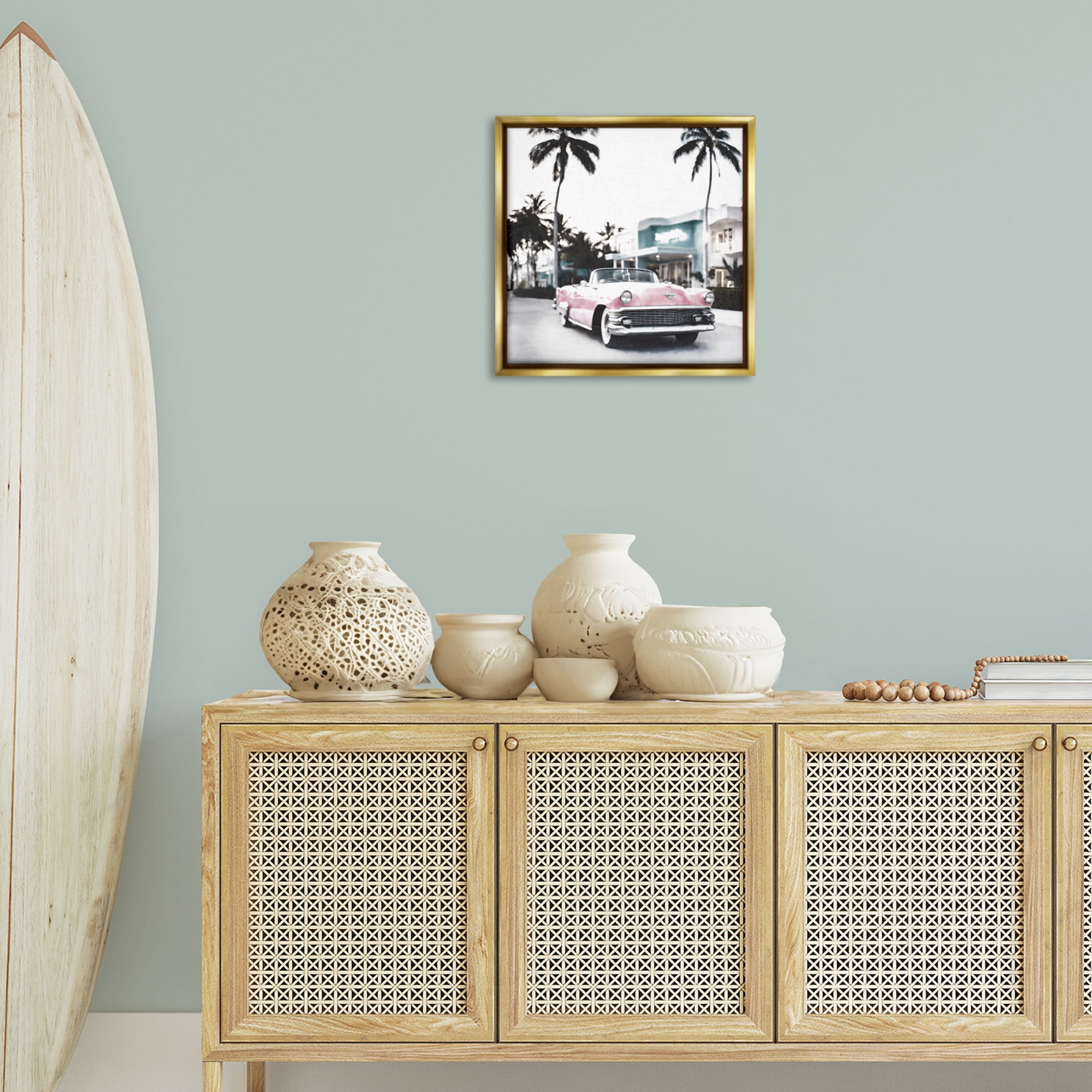 Stupell Industries Tropical Cruise Antique Car Transportation Painting Gold Floater Framed Canvas Art Print Wall Art, 18 x 18