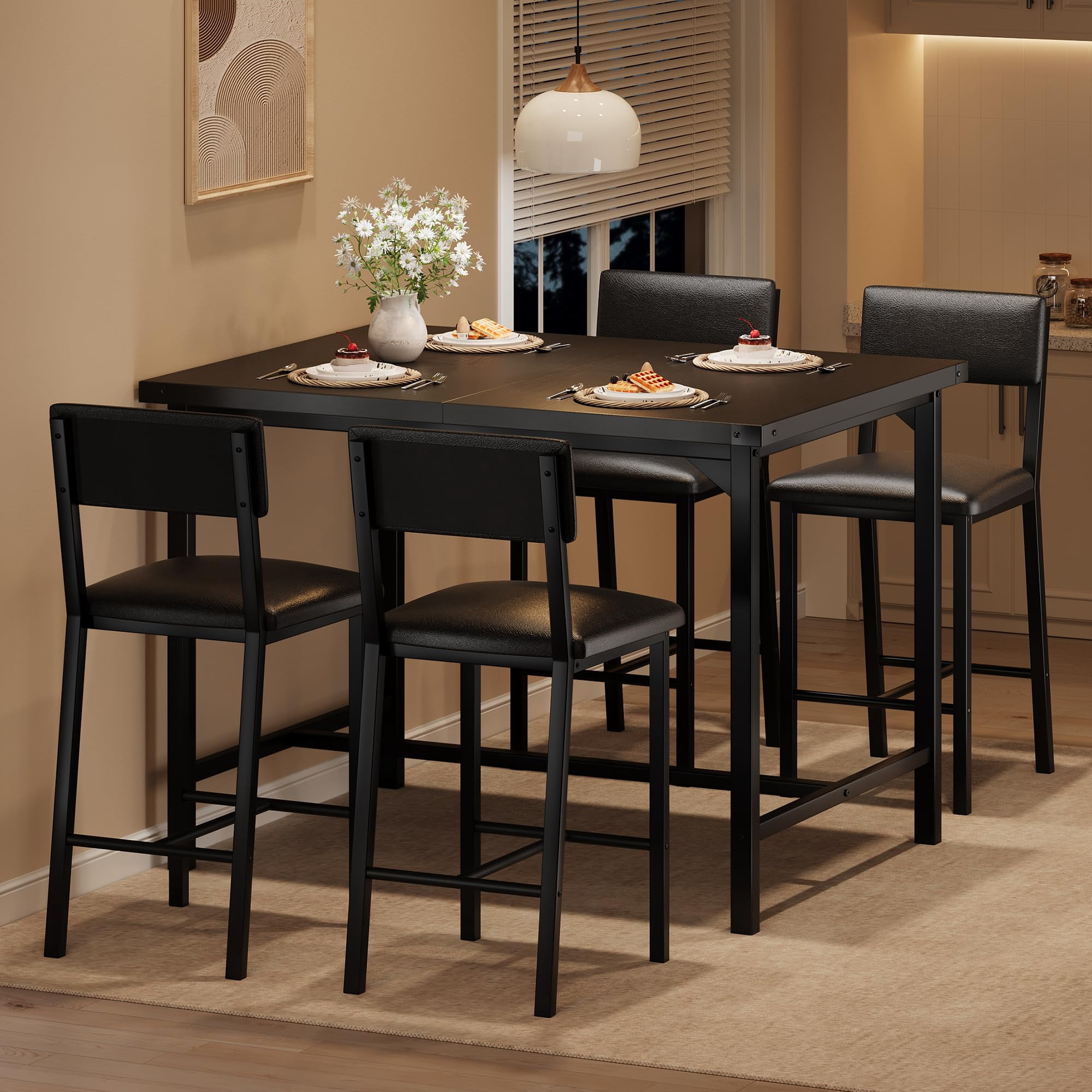 QinaQin Four-Person Dining Table and Chair Set with Footstool and Corner Protectors for Dining Rooms and Apartments