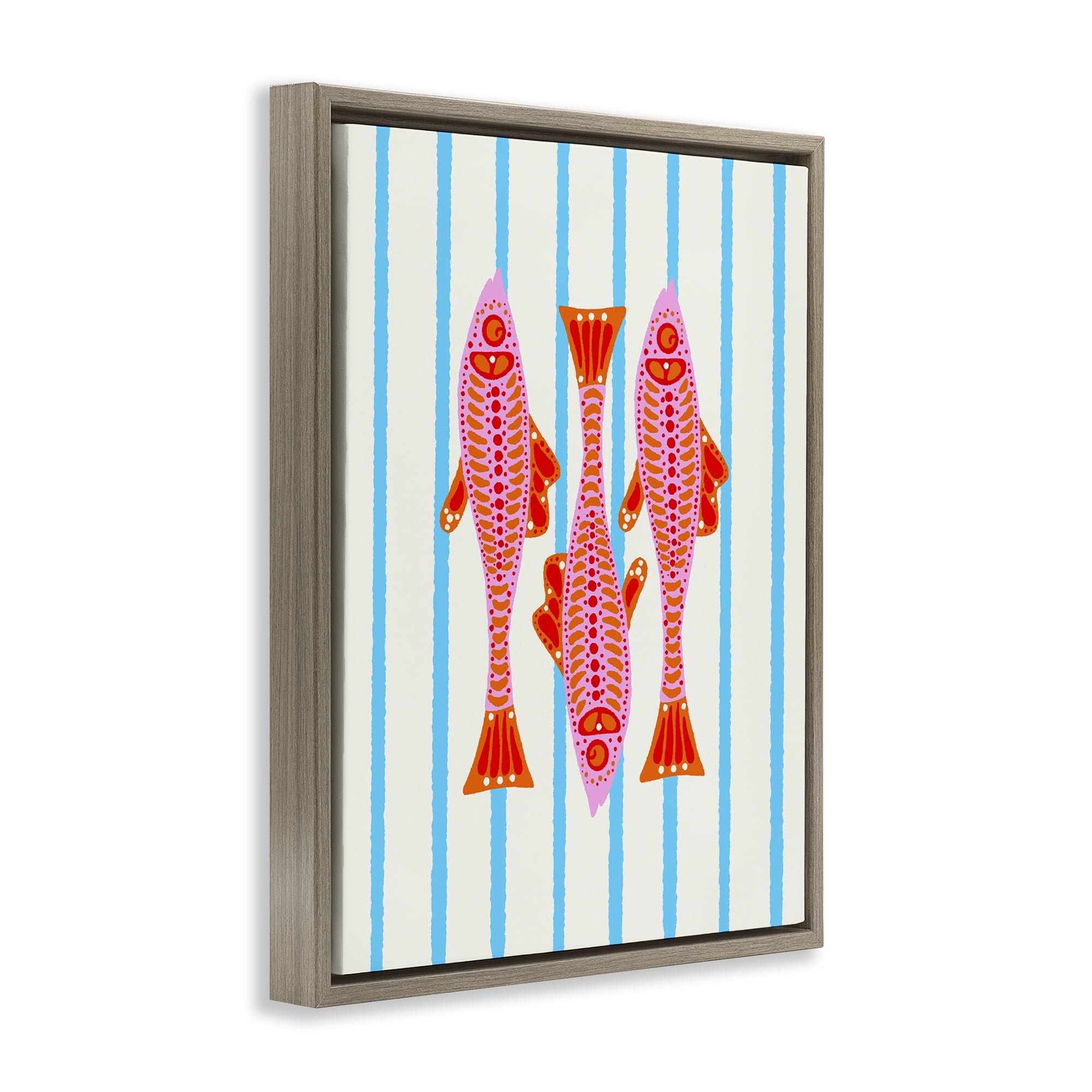 Stupell Industries Bright Aquatic Fish on Stripes Brown Framed Floater Canvas Wall Art, design by Indira Prieto | IndySign