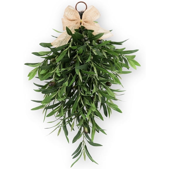 Artificial 24in Olive Teardrop Swag Wreath for Front Door, Fuller Realistic Faux Olive Leaf Greenery Wreath, Farmhouse Rustic Door Decoration for Wall, Porch, Indoor Outdoor Year Round Decor