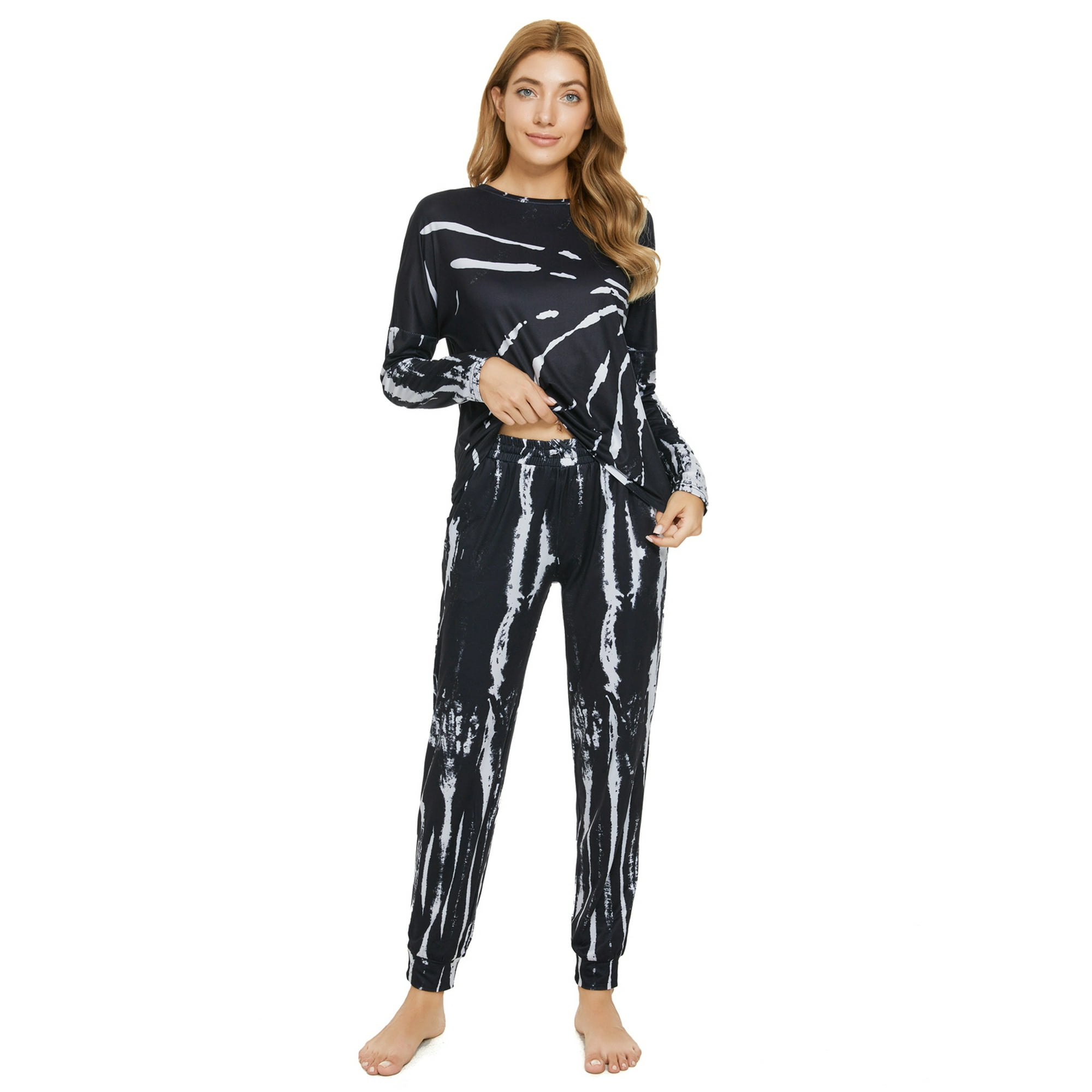 MintLimit Ladies Pyjamas Set Women Pyjamas Pjs Long Sleeve Top and Pants Sleepwear Lady Nightwear Soft Lounge Sets Black XXXL