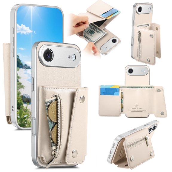 Decase Wallet Case for iPhone Air with Zipper Pocket Card Slots Cash Holder Magnetic Kickstand PU Leather Cover, Beige