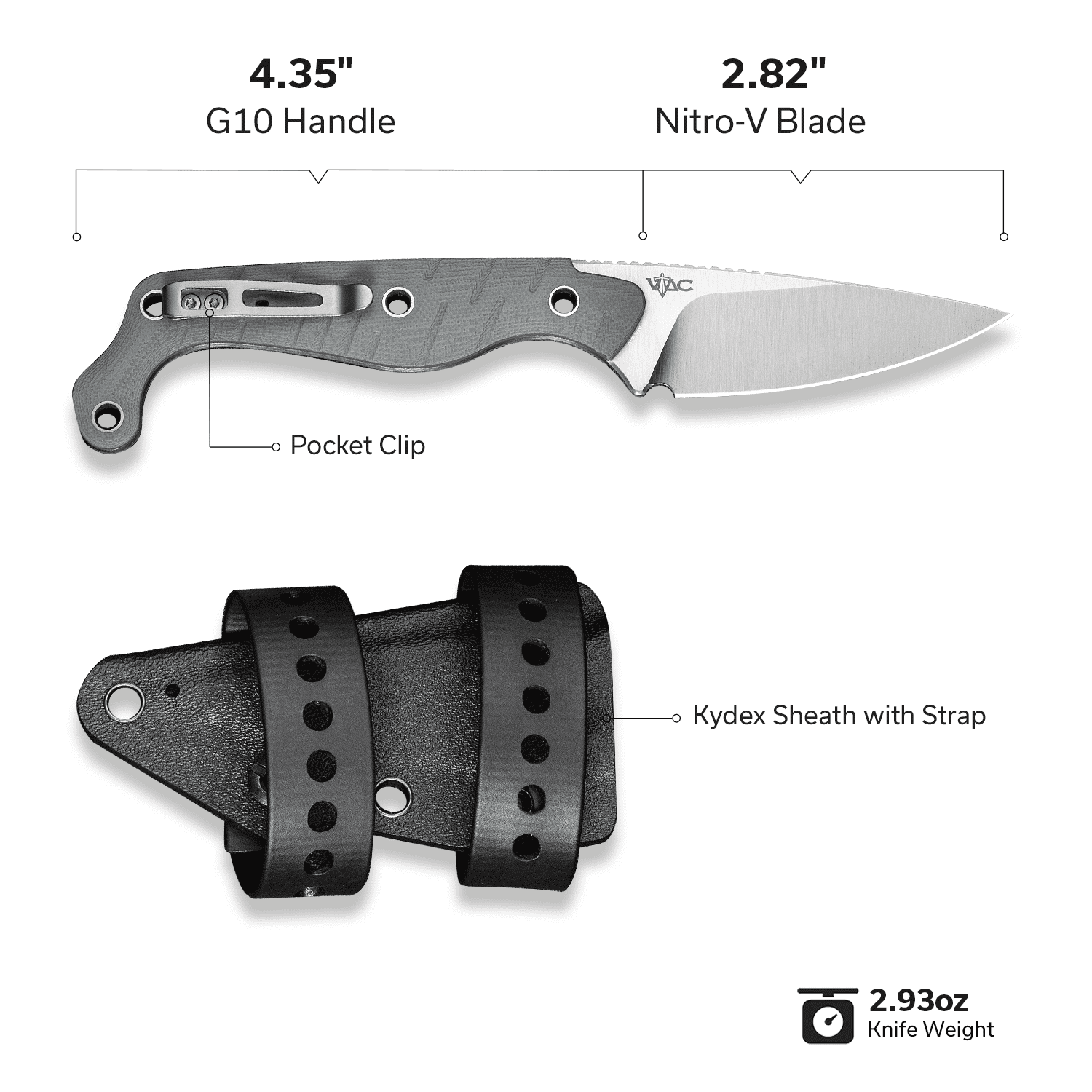 CIVIVI SOKN EDC Fixed Blade Knife with Kydex Sheath, Full Tang Tactical Knife with 2.82" Nitro-V Blade G10 Handle for Survival Camping Hiking Hunting C22027-2, Gray