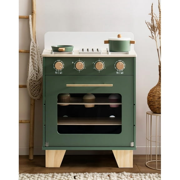 Robotime Kids Wooden Toy Oven Kitchen Play Set Kids Pretend Playset Toy with Play Food for Kids Boys Girls Age 3 ,Vintage Green
