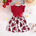 thumbnail image 2 of Robe pour Bébé Fille Enfants Été Col Rond Manches à Volants Imprimés Fleurs Robe Décontractée avec Nœud Robe pour Tout-Petit Rouge Melon D\'eau 5 Ans-6 Ans, 2 of 7