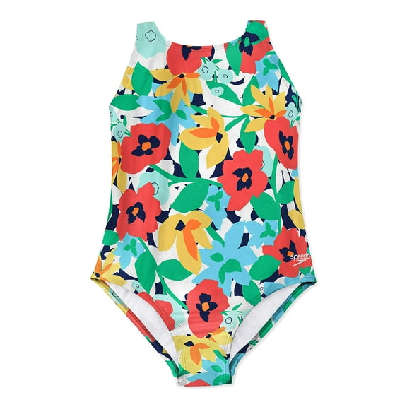 Speedo Girls' Standard Swimsuit One Piece High Neck Strappy Back, Blue Harmony, 8 Big Kids