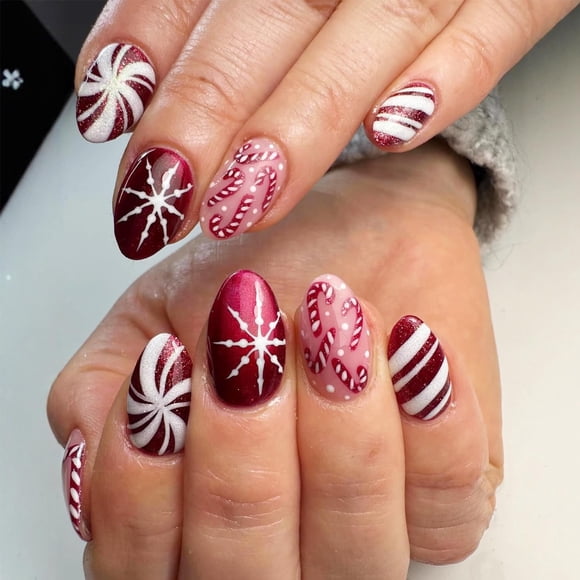 Christmas Press on Nails GUAACCB Short Almond Snowflake