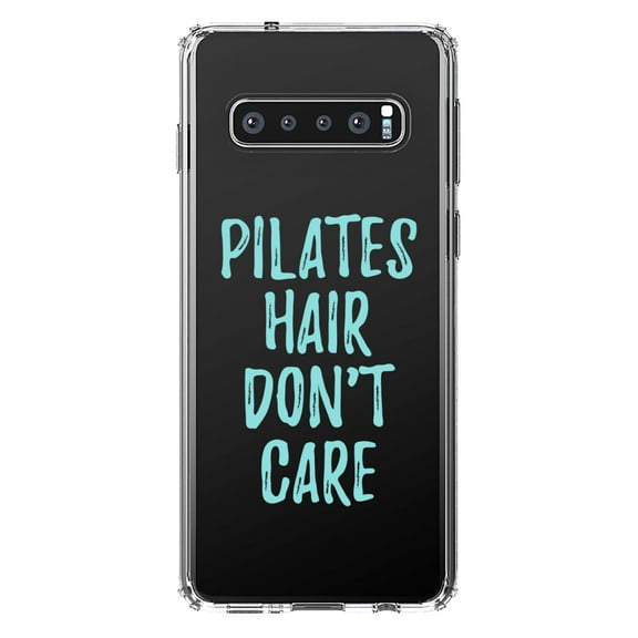 DistinctInk Clear Shockproof Hybrid Case for Samsung Galaxy S10  PLUS (6.4" Screen) - TPU Bumper Acrylic Back Tempered Glass Screen Protector - Pilates Hair Don't Care