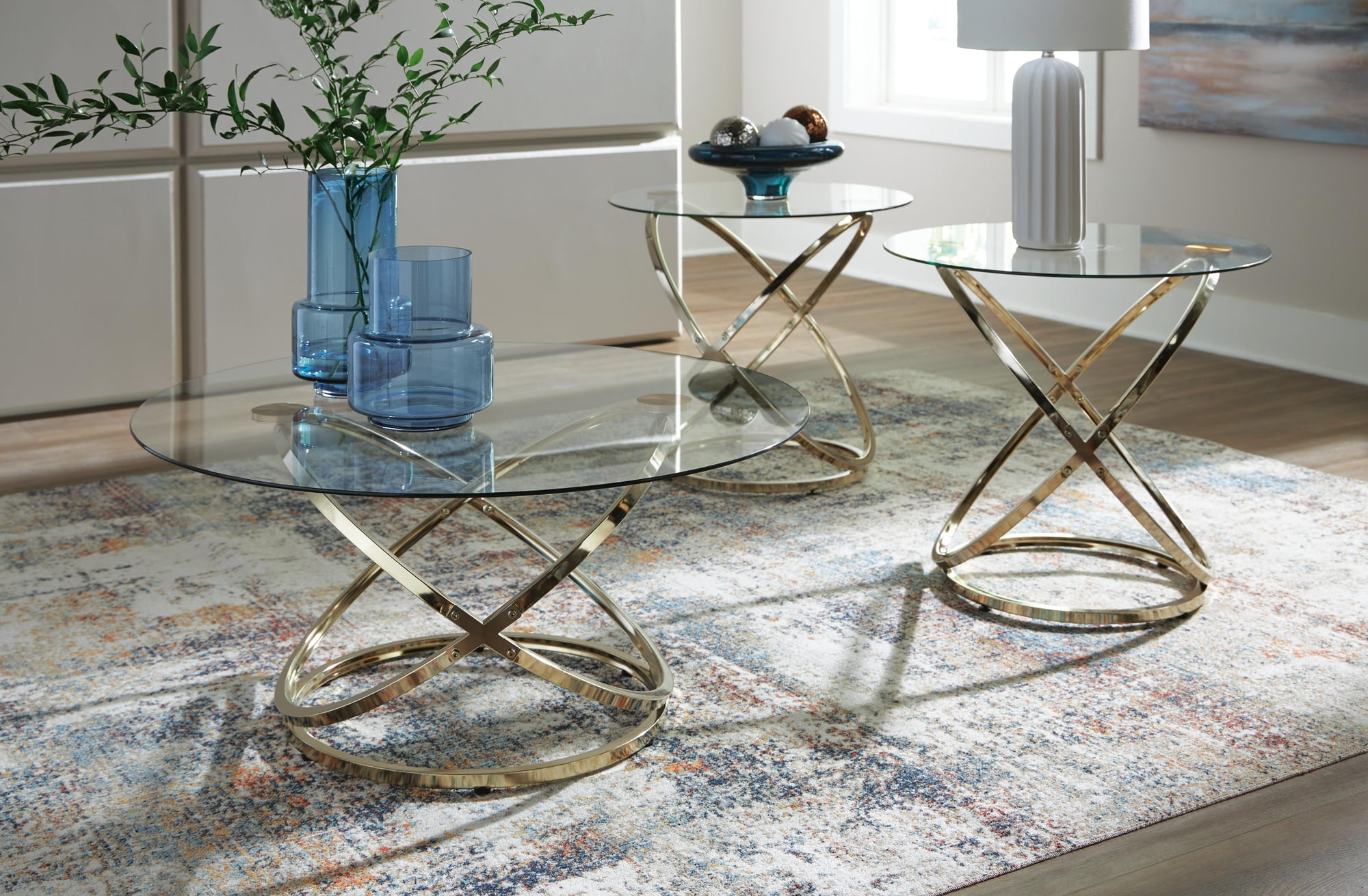 Signature Design by Ashley Crimonti 3-Piece Glass Coffee Table Set with End Tables - Champagne Gold Finish