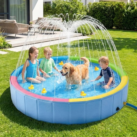 Foldable Dog Pool with Sprinkler, Ideal Splash for Kids and Dogs, Large 63” Splash Pad Hard Plastic Kiddie Pools Non Slip Portable Dog Swimming Pool for Outdoor Backyard