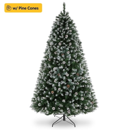 Funcid 6ft Artificial Christmas Tree Decorated Xmas Tree with Pine Cones, Hinged Partially Flocked Christmas Tree with Foldable Metal Base for Home Office Holiday Decor