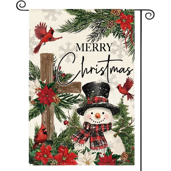 Snowman Cardinal Christmas Garden Flag 12x18 Inch Double Sided Outside, Poinsettia Flowers Cross Winter Holiday Yard Outdoor Flag