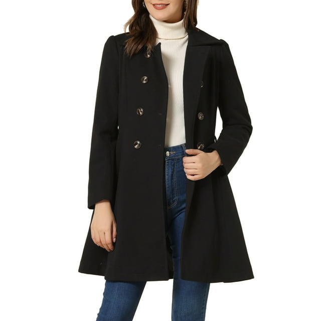 INSPIRE CHIC Manteau Long d'Hiver pour Femme à Col Rabattu, à Double Boutonnage, Ourlet Évasé, TP Noir
