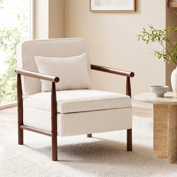 LEGAHOME Corduroy Accent Chair with Hidden Storage, Modern Antique White Arm Chair for Living Room with Solid Wood Frame, Comfy Armchair Reading Room for Corner