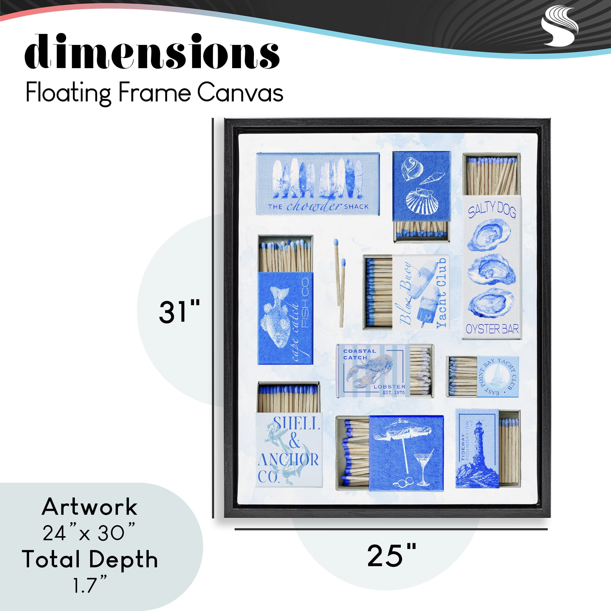 Blue Coastal Matchboxes Black Framed Floater Canvas Wall Art, design by Ziwei Li