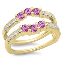 Dazzlingrock Collection 14K Pink Sapphire & White Diamond Wedding Band 3 Stone Enhancer Guard Double Ring, Yellow Gold, Size 5