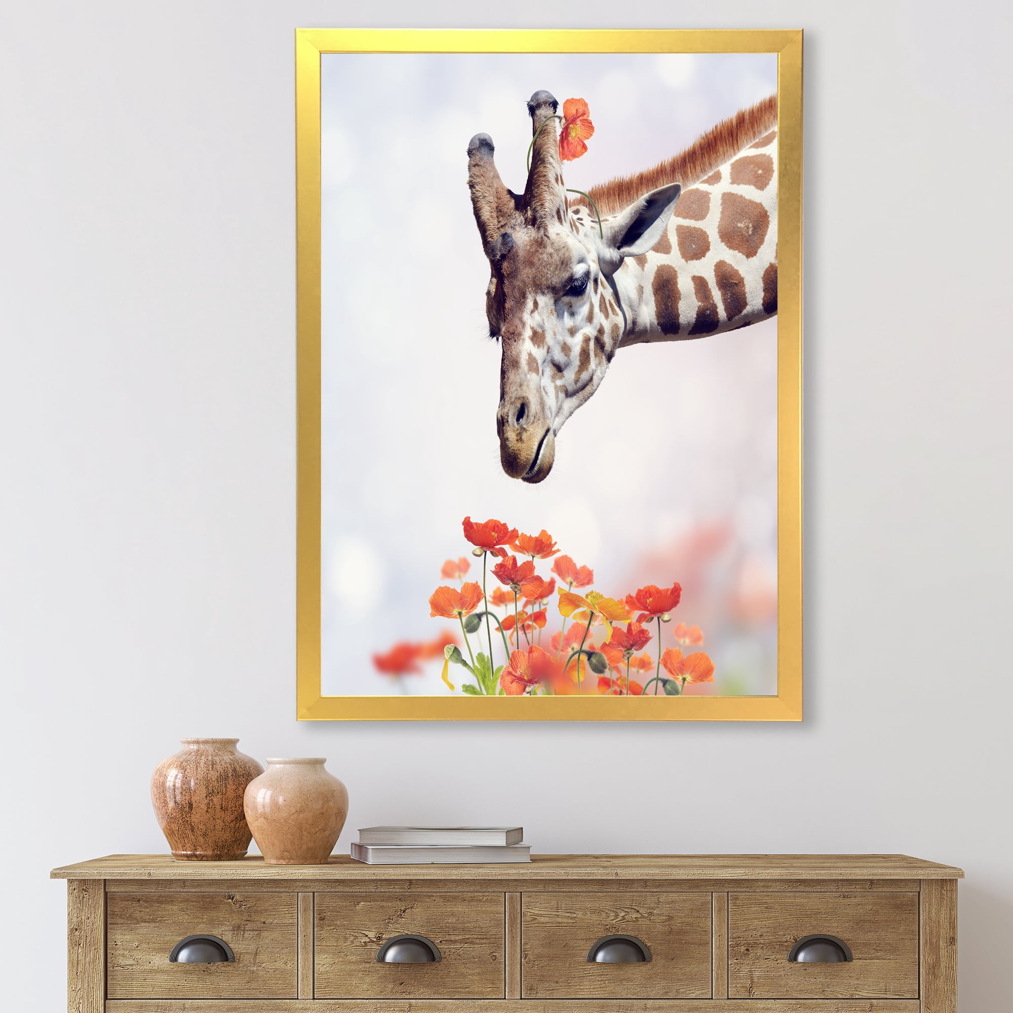Designart 'Portrait of A Giraffe With Orange Flowers' Farmhouse Framed Art Print