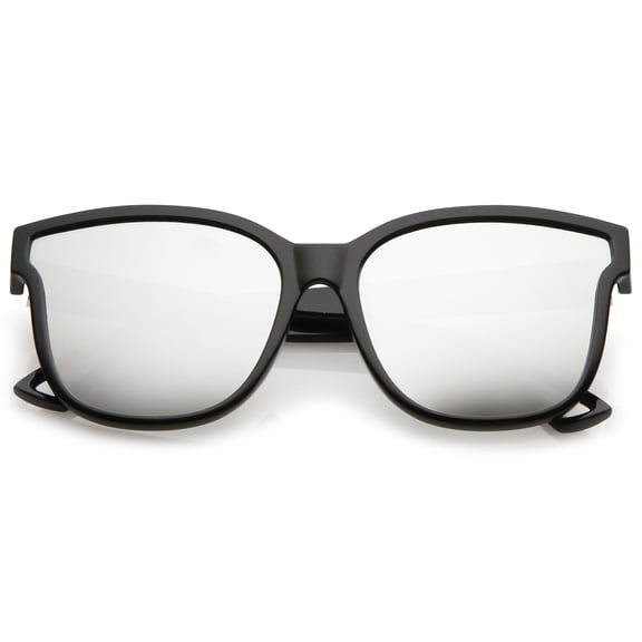 Women's Horn Rim Metal Accent Mirrored Square Flat Lens Cat Eye Sunglasses 55mm (Black / Silver Mirror)