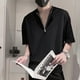 thumbnail image 5 of Camisa de manga corta para hombre, media manga con cremallera de un cuarto, Color puro, transpirable, Top de verano para fiesta, viajes y citas, 5 of 8