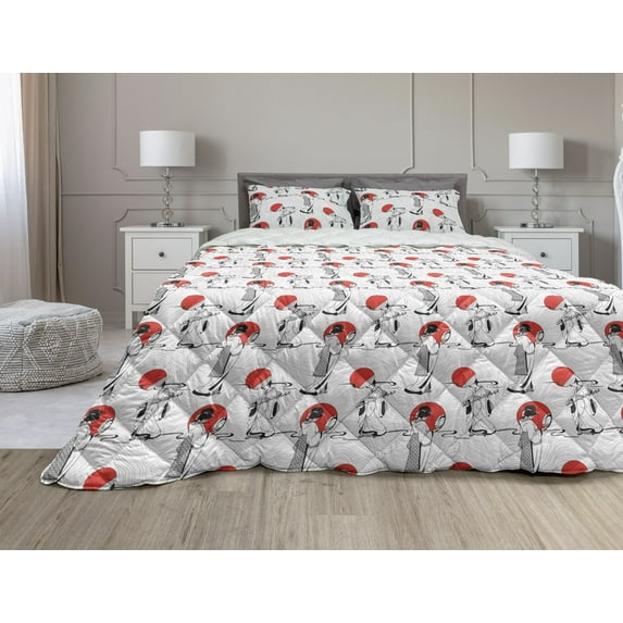 East Comforter & Sham Bedding Set, Japanese Geisha Girl with Traditional Style Kimono Folk Culture Illustration, 3 pcs Duvet Set Microfiber Filling Quilt, 5 Sizes, Black Red, by Ambesonne