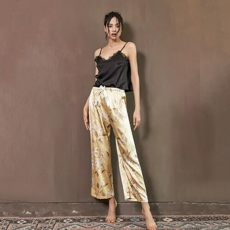 

DanceeMangoo European American Fashion Satin Sexy Pajamas Black Lace Pajamas with Pants Loose Soft Lingerie Sleepwear Top Women Pyjamas Set