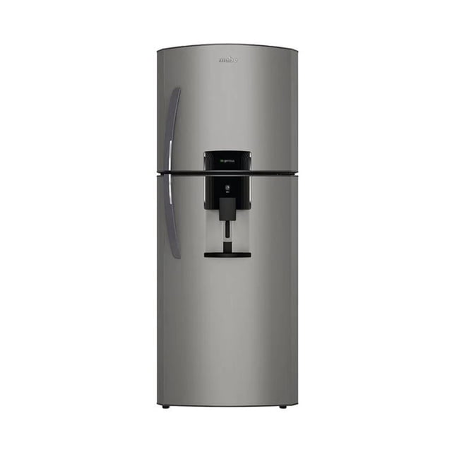 refrigerador 14p3 c/despachador silver mabe mabe rme//360fgmrq0 Refrigerador Mabe plateado de dos puertas, vista frontal con despachador de agua integrado y bandeja de goteo en la puerta superior, manija vertical izquierda y logotipo Mabe; capacidad 360 litros, con cajón para carnes y anaqueles en puerta, también apto para oficinas pequeñas.