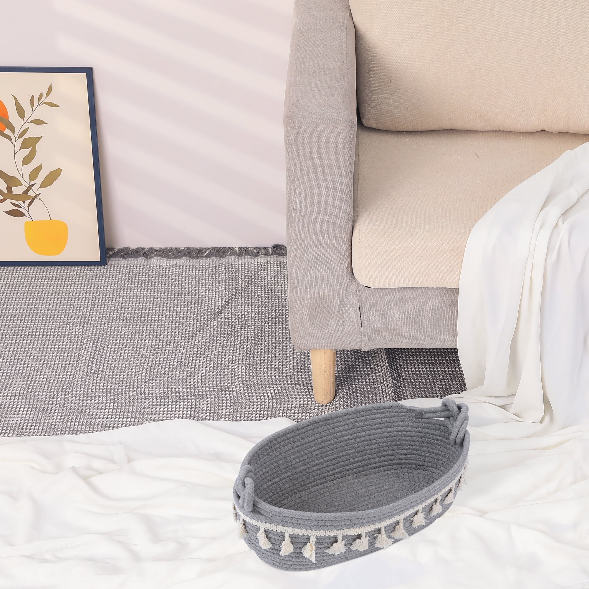 Unique Bargains Storage Basket Shelf Bin with Tassels Light Gray 13.4*6.3*4.7in