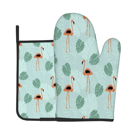 

2pcs Oven Mitts Pot Holders Cute Cartoon Flamingo And Tropical Leaves Kitchen Heat Resistant Hot Pads for Cooking BBQ Baking
