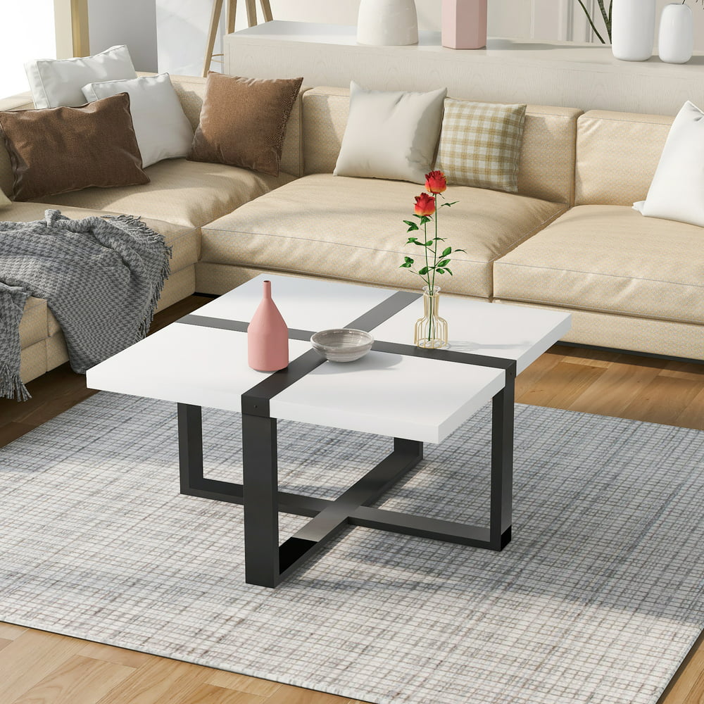 Modern Coffee Table with Crossed-Shape Metal Frame, Square Coffee Table