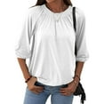 thumbnail image 3 of White T Shirts For Women's Fashion Solid Round Neck T Shirt Blouse 3/4 Sleeve Loose Pleated Tops, 3 of 9