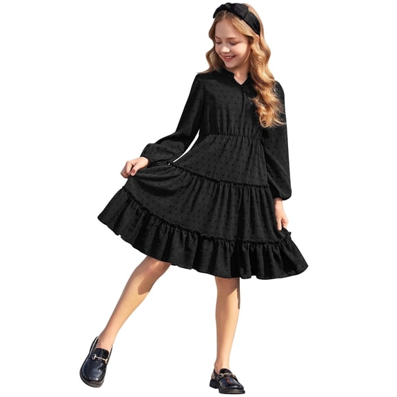 Arshiner Girls' Dresses V neck Long Sleeve Chiffon Swiss Dot Ruffle Tiered Boho Party Midi Dress