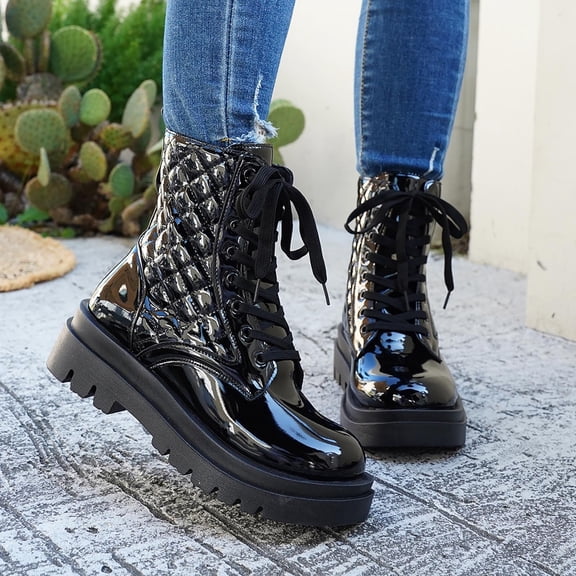 Viluyesy Womens Combat Boots Round Toe Lug Sole Platform Patent Leather Lace Up Slip Resistant Streetwear Boots Black Size US9.5