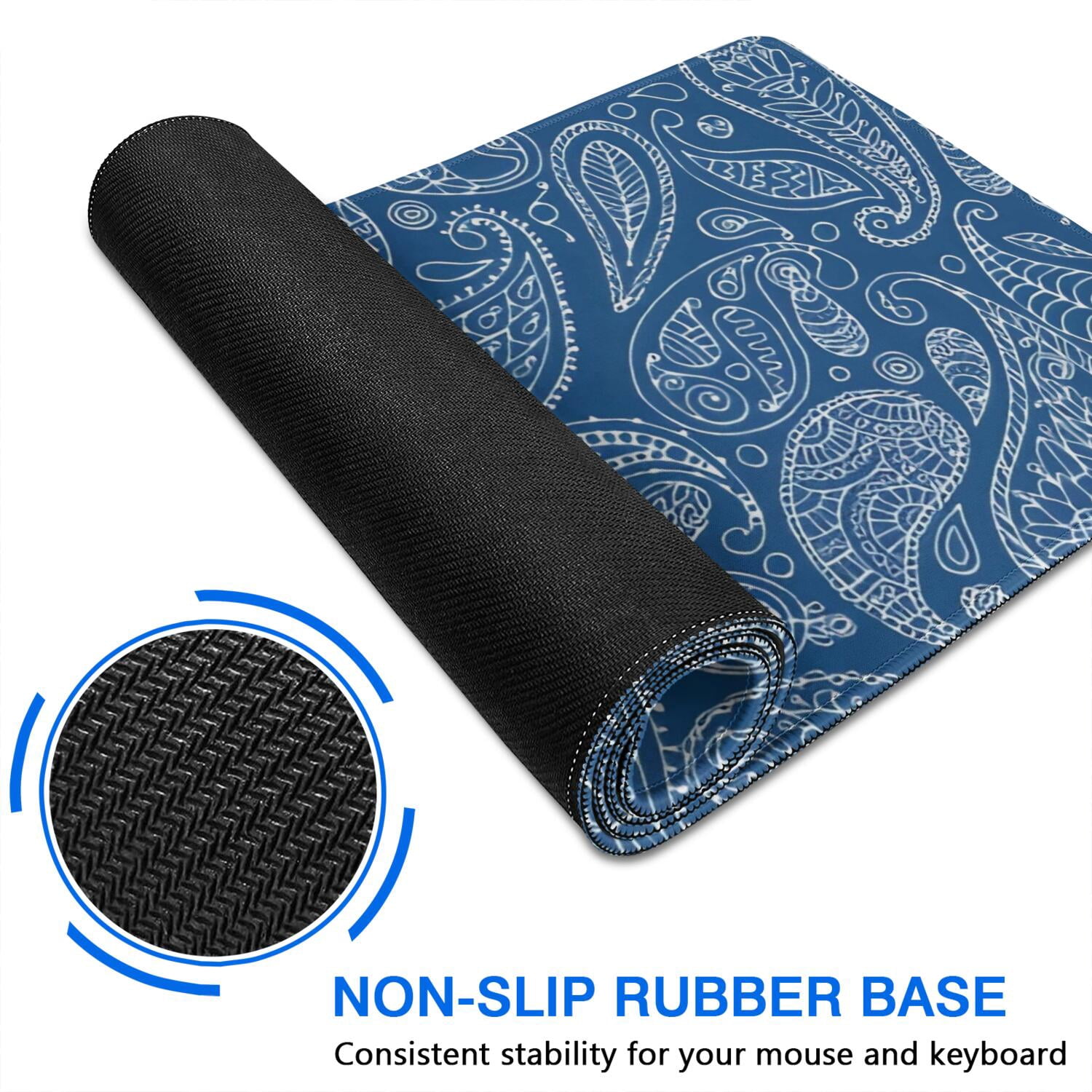 Long Mouse Pads for Desk,Blue Pioneer Flower and Paisley Pattern Desk Mats on Top Of Desks, Desk Mouse Pad Extra Large with 3mm Non-Slip Base and Stitched Edge for Gaming,Office,Work,Home 31.5"x15.7"