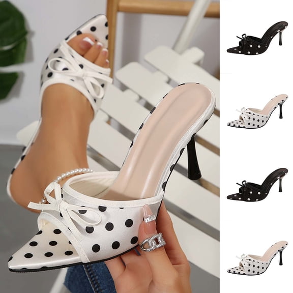 Miluxas Women's Polka Dot Bow Stiletto Slides Sandals Fashion Elegant Pointed Open Toe Slip-On High Heel Mules for Summer Party Wedding Prom Dress Shoes White 9(42)