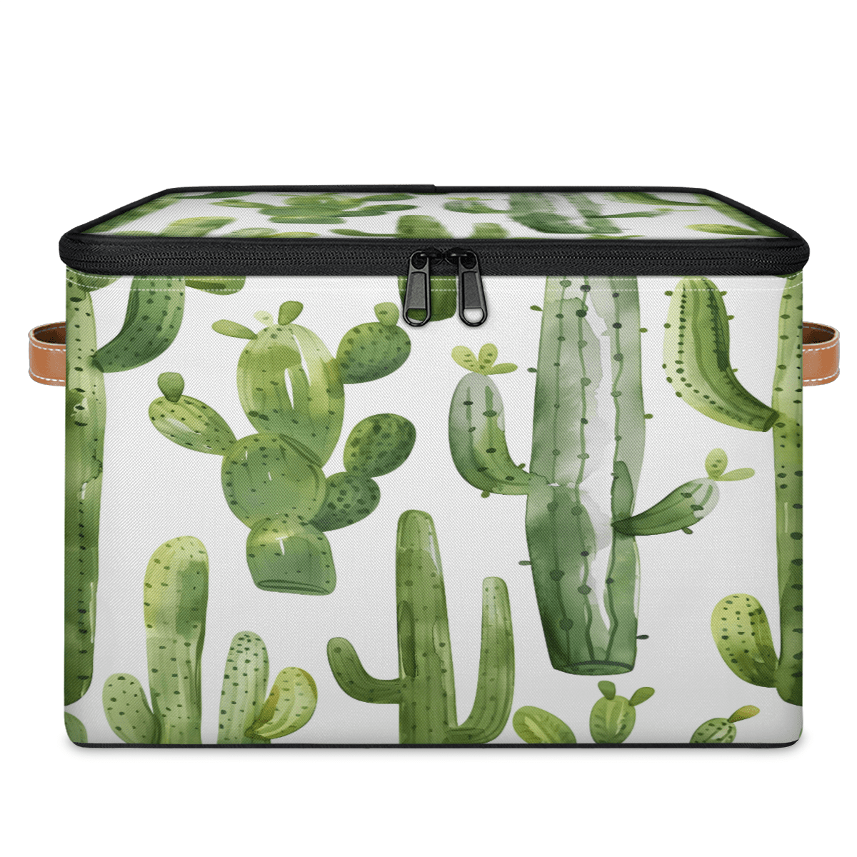 CURLYOOT Green Cactus Fabric Storage Bins with Lids, Cute Cactus Foldable Storage Boxes Washable Storage Cube, Closet Bedroom Home Organizer Containers with PU Leather Handles